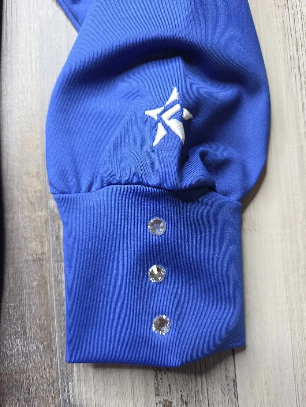 Rebel Athletic Youth Large Blue Collared Long Sleeve Body Suit Rhinestones